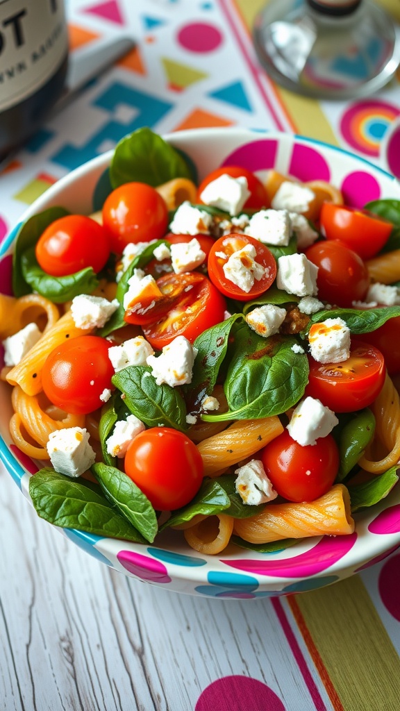 A lively 80s-inspired pasta salad with cherry tomatoes, spinach, olives, and feta cheese.